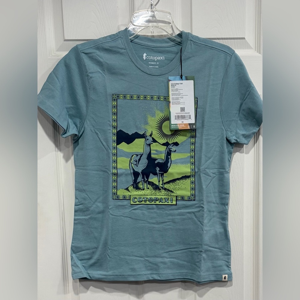 Cotopaxi Women's XS Llama Greetings T-Shirt Organic Cotton Short Sleeve Blue NWT